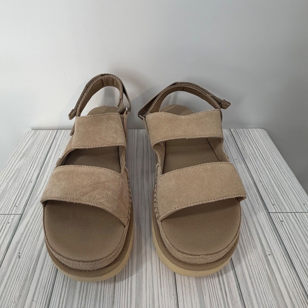 UGG GoldenGlow Glide Driftwood Suede Platform Sandals 1167399 Womens 12 Tan NWOT